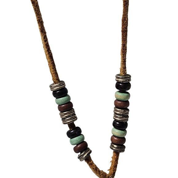 Boho Chic Faux Turquoise Necklace Pendant Beads Leather Cord Southwest Jewelry - Picture 3 of 6